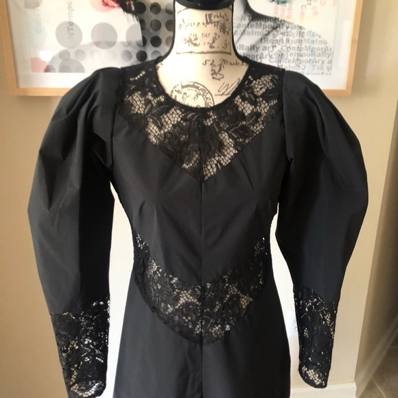 H & M Black Lace Solid Patch work Midi A line Puffed Sleeve Classic Gothic Dress - Picture 2 of 9